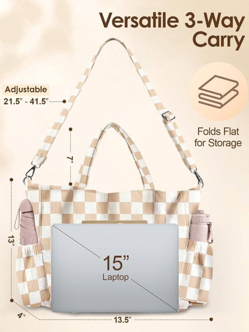 Corduroy Crossbody Tote Bag for Women | Large Capacity, Zipper Closure, Multi-Po - Picture 6 of 6